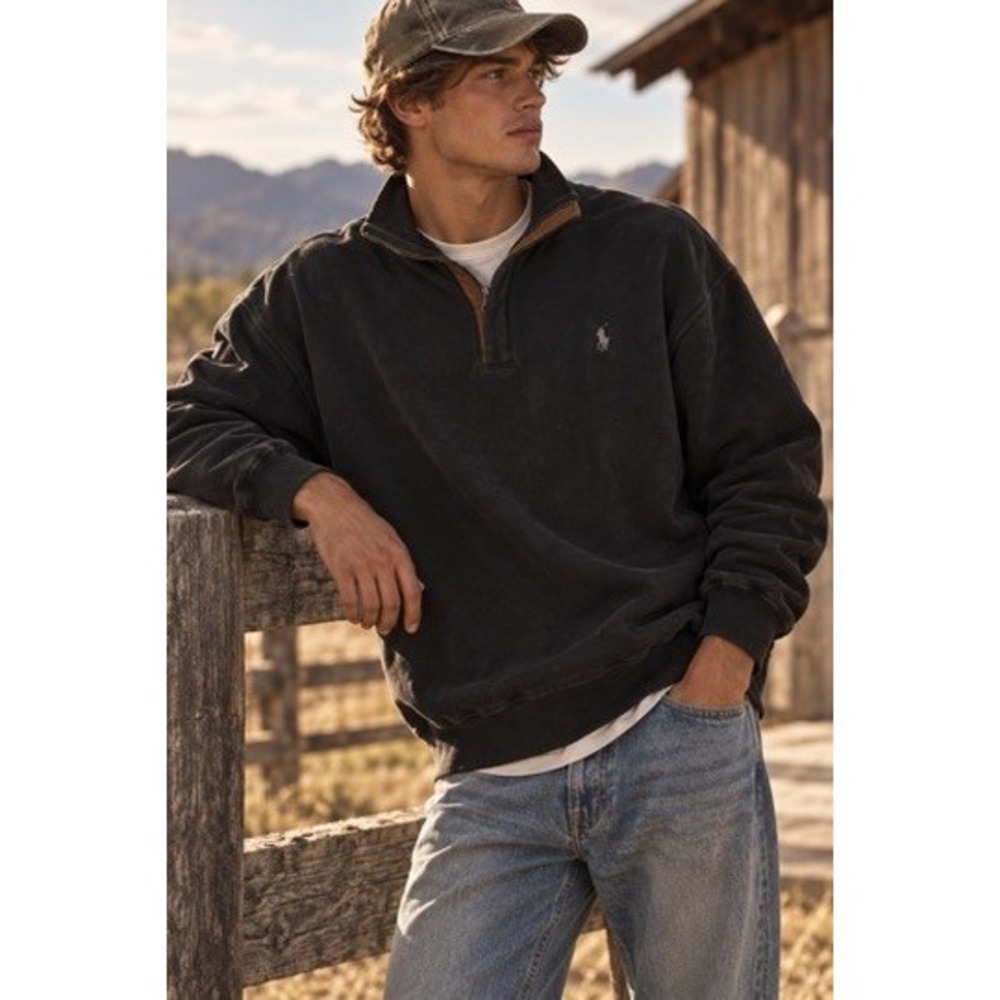 Polo Ralph Lauren Mens Large Black Quarter Zip Pullover Sweatshirt Pony Logo
